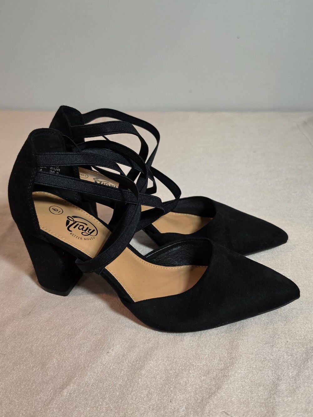 Trary Black Suede Pointed-Toe Strappy Block Heel US 6 Very Minor Wear